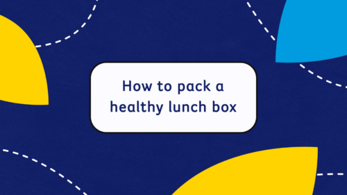 text saying how to pack a healthy lunch box on a blue background with a yellow daffodil petal