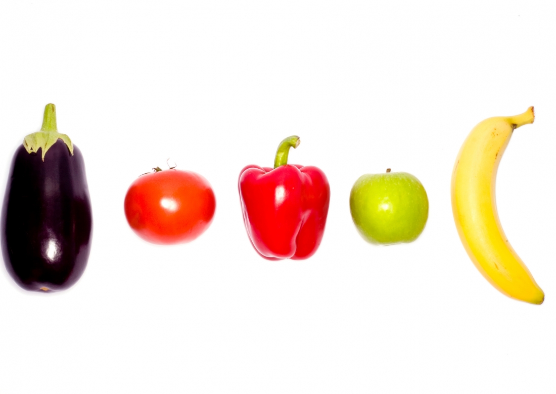 Picture of eggplant, tomato, pepper, apple and banana