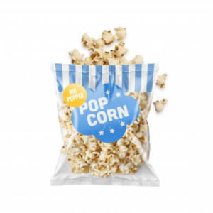 Clear packet of popcorn with blue label