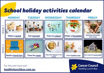 Colourful calendar of school holiday activites