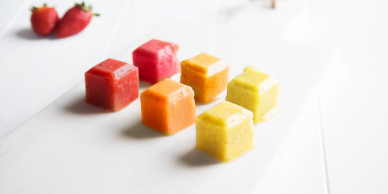 Six cubes of frozen fruit puree