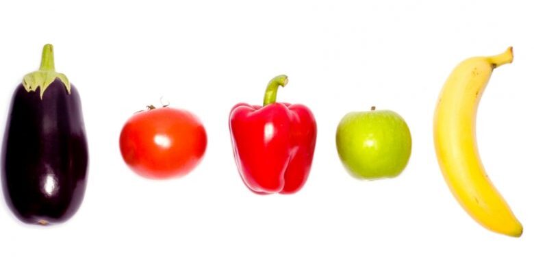 Picture of eggplant, tomato, pepper, apple and banana