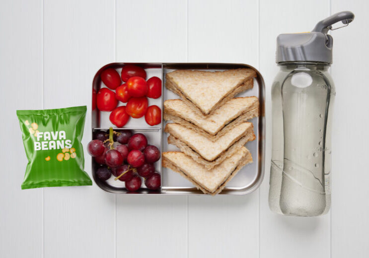 A rectangular metal lunch box containing a vegemite sandwich, red grapes, red cherry tomatoes, a packet of fava beans and a bottle of water