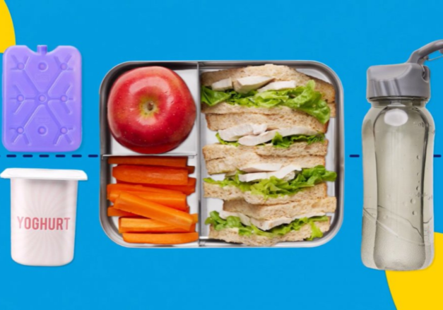 metal lunch box filled with a chicken and lettuce sandwich, a whole apple, sliced carrots a yoghurt pottle, ice brick and water bottle