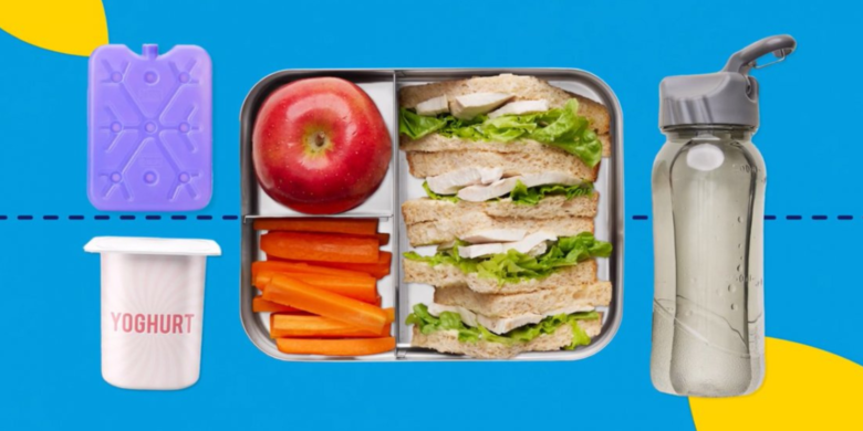 metal lunch box filled with a chicken and lettuce sandwich, a whole apple, sliced carrots a yoghurt pottle, ice brick and water bottle